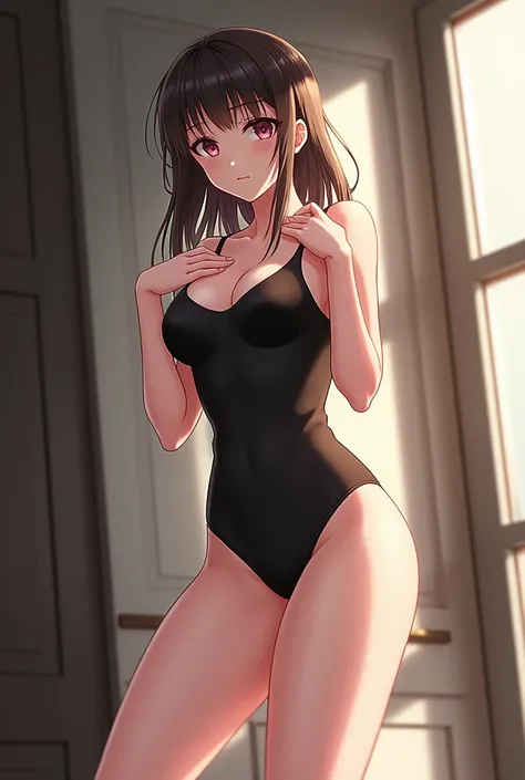 a beautiful anime girl in a black swimsuit and black tight panties stands in the middle of the room with her legs spread in different directions, her hand covering her chest and the other hand looks headlong down the view from below