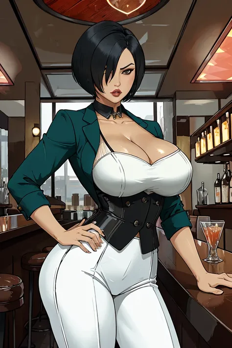 (date:20241221, By:Joulios)kiko, short hair, hair over one eye, asian, tanned skin, tanned, 35yo, mature woman, milf, serious, mad, dangerous, white female suit, cleavage, big breasts, suit pants, standing, serving drinks in a bar top of a casino, shiny de...