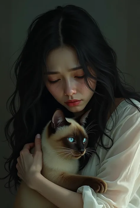  A brunette woman with long black hair. cries. He has a Siamese cat by his side 