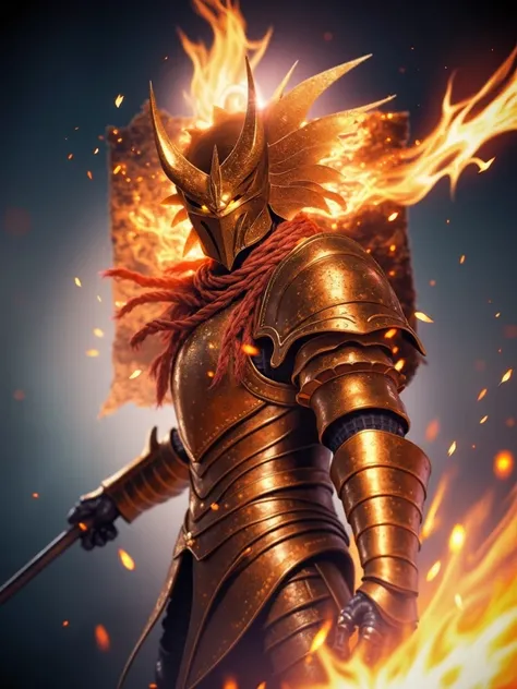 (shimmering golden armor, engulfed in flames, flames spreading across the scenery, dark souls style:1.3), fire particles flying everywhere, (, best quality, 4k, 8k, highres, masterpiece:1.2), ultra-detailed, (realistic, photorealistic:1.3), dramatic lighti...