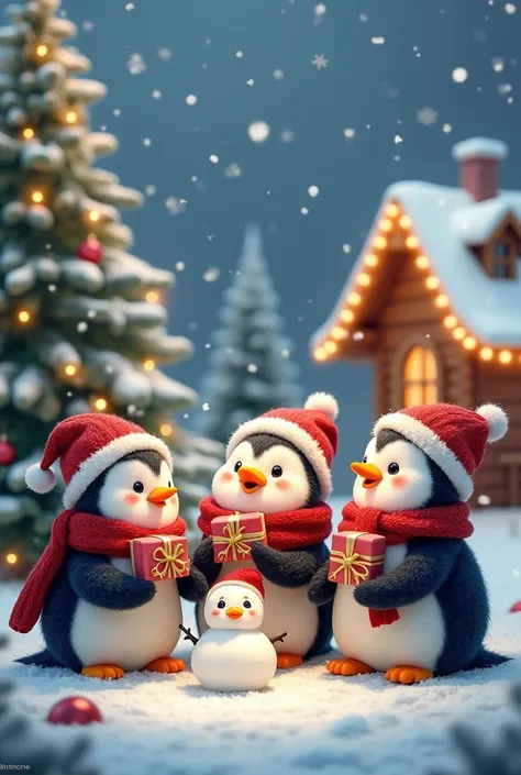 "Create an image of a group of adorable penguins celebrating Christmas. Each penguin is dressed in festive Christmas attire—some wearing tiny Santa hats, others in cozy knitted scarves, and a few with tiny boots or mittens. The penguins are gathered togeth...