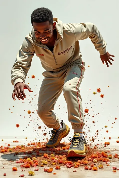 Un jeune homme sportif maghrébin, en survêtement et Nike air Max 97 boueuses, piétine en riant, des fleurs éparpillées et écrasées, sur un tapis blqncs, taché de boue.