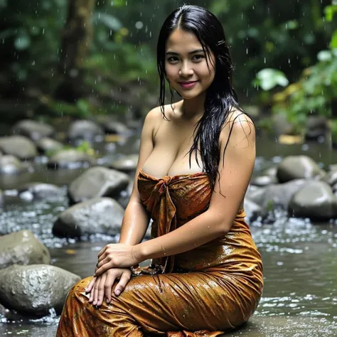 (masterpiece, best quality:1.2), 1girl, solo, wet batik sarong, ((large breasts:2)), Photo of beautiful Indonesian woman, slightly plump, wet hair, batik sarong, sitting on a stone, doused with water coming out of a bamboo pipe, water drops on her skin. a ...