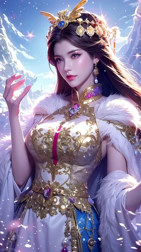  high detail,fantasy world，palace, Ancient Chinese Myth,A Goddess ,Female Swallow，long hair,headgear, Big breasts, Wearing Fairy Costumes, watching people ,