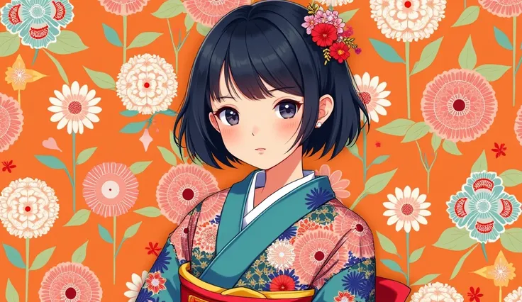 A beautifully detailed illustration of a girl wearing a colorful yukata robe, set against a vibrant, flat design background with a repeating pattern of the yukata fabric. The image has a cinematic, premium quality feel with a mirror-like finish, showcasing...