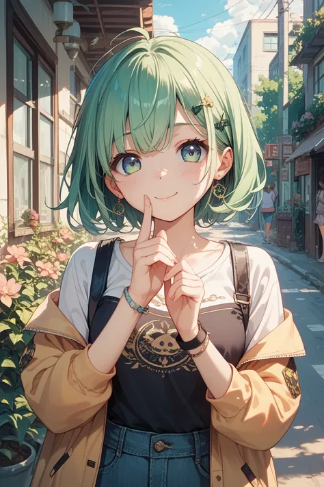 masterpiece、 top quality 、 very detailed、8k、cute, girl,The perfect outfit,Dystopian, 1人の girl, Green hair short stature, five fingers, perfect hand,whole body