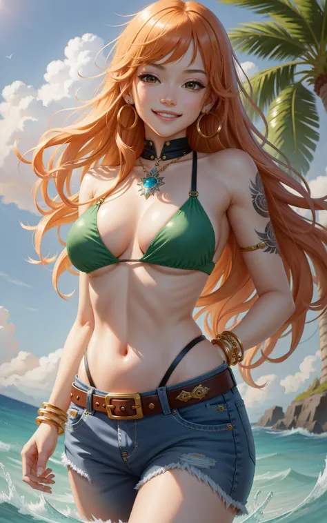 detailed background, masterpiece, best quality, 1girl, solo, nami (one piece), 1girl, bangle, bangs, bare shoulders, belt, bikini, bikini top only, blue sky, bracelet, breasts, brown eyes, bubble, cleavage, cloud, cowboy shot, day, denim, earrings, floatin...