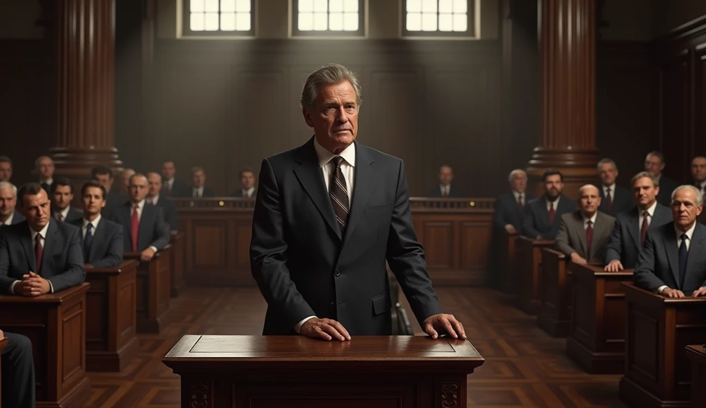 A man on the witness stand in a courtroom 