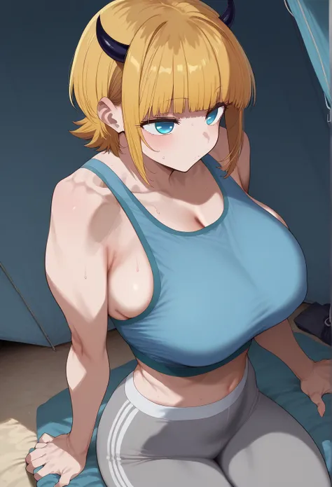  Surrender,   MEMcho, blonde hair, blue eyes, blunt bangs, demon horns, fake horns, horns, short hair,   perfect face,   perfect lighting, expressionless  , Thighs ,large breasts, 太いThighs、sweat,、  gray sports bra、gray leggings  、Boob Tent、  dark bedroom 、...