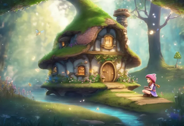 Drawing of a cute girl gnome sitting on a log in front of a mushroom house, little fairy Tinkerbell flying around with sparkles illustration for a story by Arthur Pan, pixiv, fantasy art, magical village, bustling magical town, medieval fantasy town, fairy...