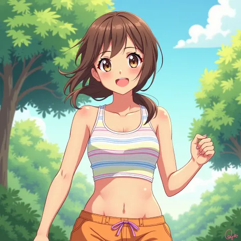 anime illustration, woman, low ponytail, brown hair, brown eyes, slight tan, tank top, tucked in, tiny pink-blue-yellow-white striped pattern on tank top, thin horizontal stripes, orange shorts, proportionate medium sized breasts, round face, standing, exc...