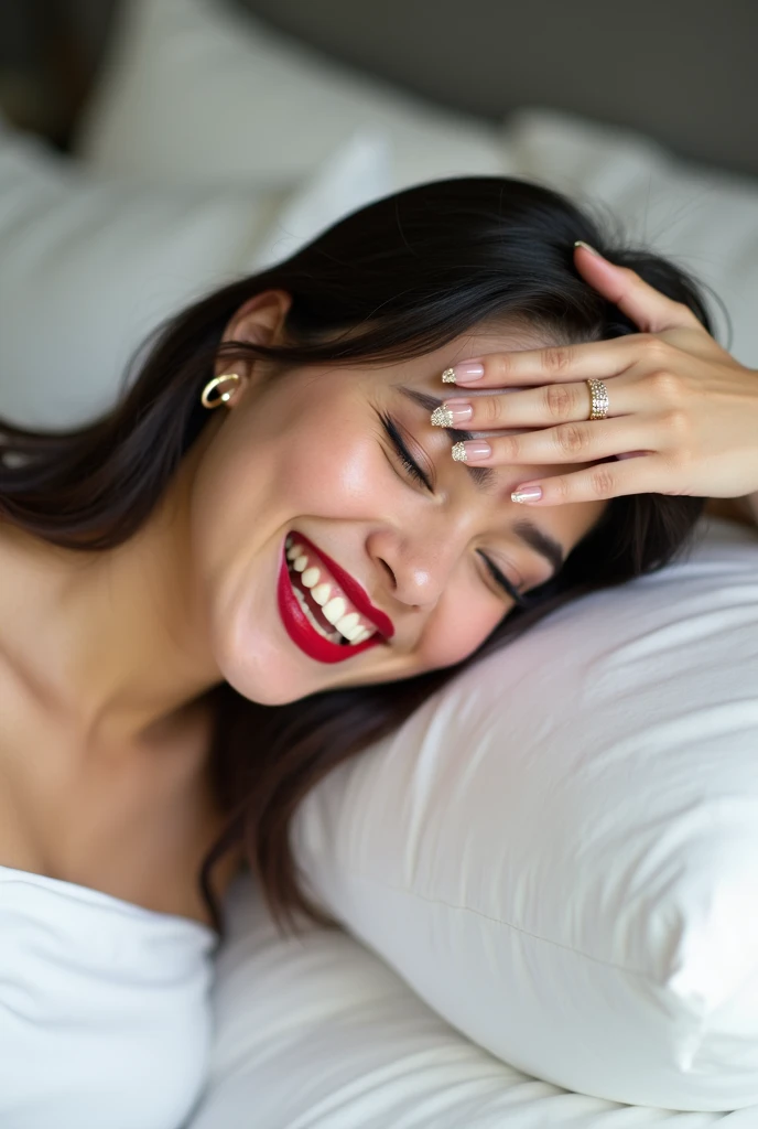 The image shows a woman lying down with her head resting on a white bed, supported by soft pillows in the background. Her upper body is visible, though most of her shoulders are cropped out of the frame. The lighting is soft and diffused, suggesting natura...