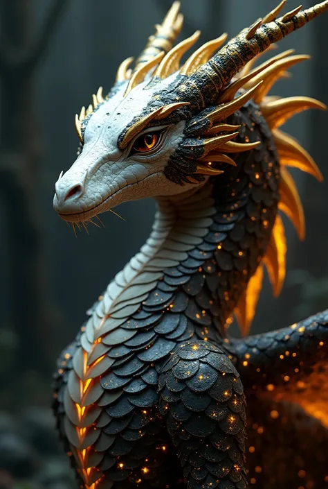 Generate me an anthro-like dragon ,  its face is white and the rest is covered with black scales with a golden glow