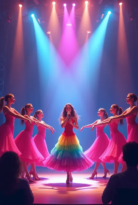 The singing stage , has 5 dancers in a fuchsia dress. , has a singer standing in the middle wearing a rainbow dress.,Holding the mic