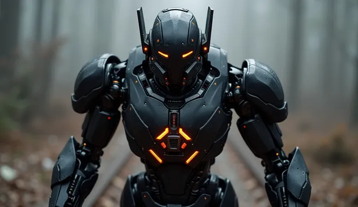  A representation of robotic artificial intelligence, black finish,  orange LED lighting of body parts , high tech,  similar to Ironmans armor 25% , similar to jaegers giant robots 25%, minimalist, colors 95 %  black and 5 % talk/chrome, hologram, masterpi...