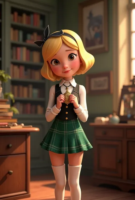 olga pataki, retro style, adult, short blonde hair, white long sleeves, blouse, black vest, black hairband, plaid green miniskirt, retro style, pixar, disney, 3d, white thighhigh stockings, antiques, bookshop, olga holding a locket with both hands, curious...