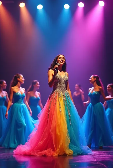 The singing stage ,5 Blue Dancers, has a singer standing in the middle wearing a rainbow dress.,Holding the mic