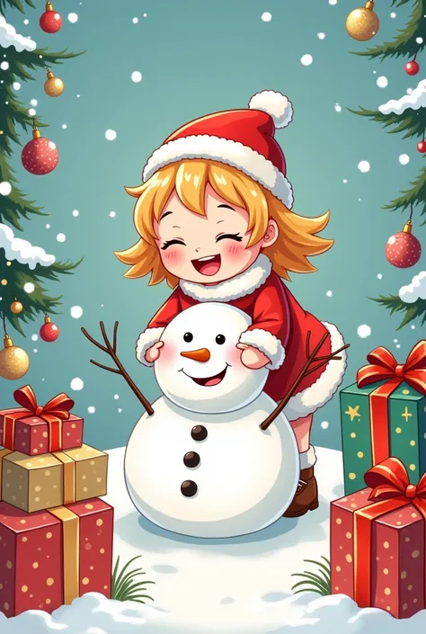 Happy girl wearing Christmas dress playing with snowman and inside are Christmas gifts drawn with simple line art and high resolution colorful illustration