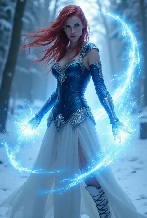 {"prompt": "Create an epic scene featuring a young woman with very dark, full body picture, almost dark red hair, hair on one side, displaying powerful abilities and dark blue leather corset armor and white skirt, tall, off the legs, off the arms, white bo...