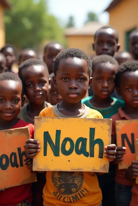 Different African young boys each one carrying a placard written the name Noah