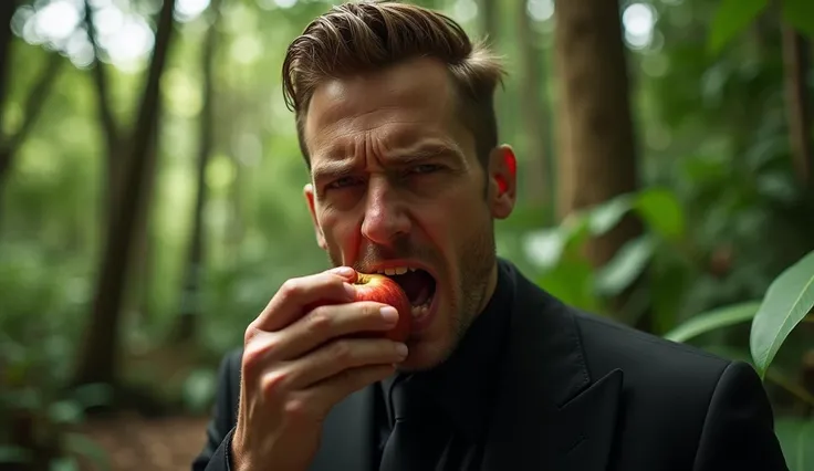 close up picture of a caucasian man wearing black suit bites an apple in the middle of the jungle