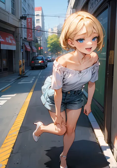 1 petite, slender girl,  white off-shoulder short sleeve shirt,The lower body is a T-back、 lips, open_mouth, Realistic city, Alone,(masterpiece),( top quality ), ( super high res), Blonde, Blue-eyed girl with middle bob hair, (Sexually excited, blush and s...