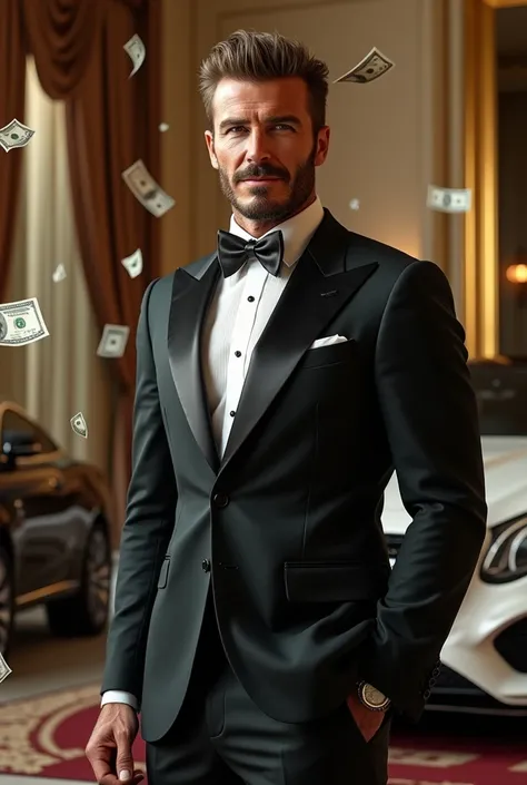 image of david beckham, polished suit, little smile, standing confidently in the middle of his luxury mansion, surrounded by cars, and money floating in the air.