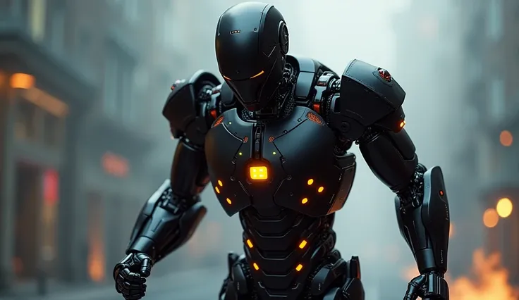  A representation of robotic artificial intelligence, black finish,  orange LED lighting of body parts , high tech,  similar to Ironmans armor 25% , similar to jaegers giant robots 25%, minimalist, colors 95 %  black and 5 % talk/chrome, hologram, masterpi...