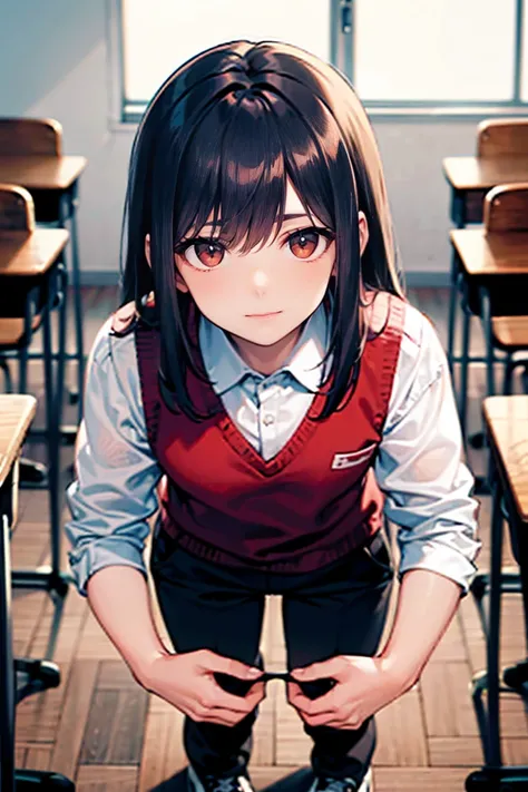 Wide full-body view, a man standing with his hands on a desk, 8K resolution, high detail, around 20 years old, (one male:1.5), black hair, long bangs:1.5, parallel eyebrows, sanpaku eyes, droopy eyes, dark red eyes, student-like attire, white shirt, dark r...