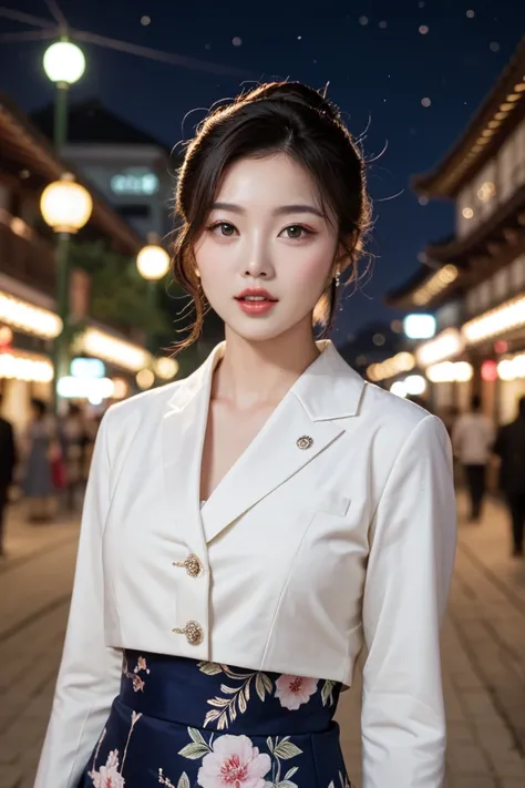 1 woman,Alone, Korea Joseon Dynasty Neat Hairstyle,Tailor-made stylish hanbok , realistic,lips,parted lips, cowboy shot ,night, blurry background,Zitome,Exquisite Korean Joseon Dynasty Background ,