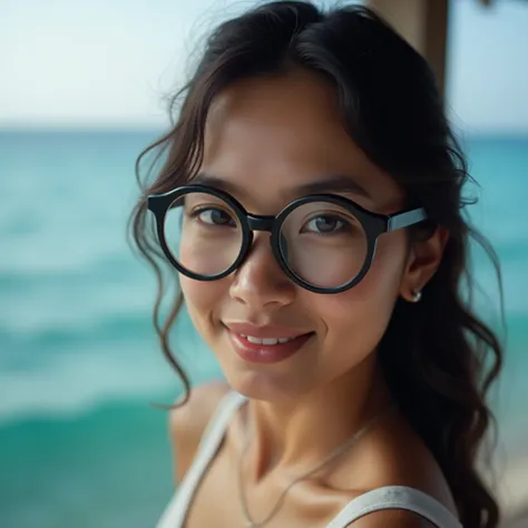 A close-up photograph of a Thai woman with sharp, expressive eyes wearing round black-rimmed glasses. The background features a serene sea view with soft lighting that highlights her face and the oceans tranquil waves. The composition focuses on her natura...