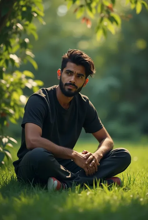 Prompt: Adam sitting alone on a grassy patch in the garden, his face showing a sense of loneliness and contemplation.she  is a muslim mane she is 30 years old 