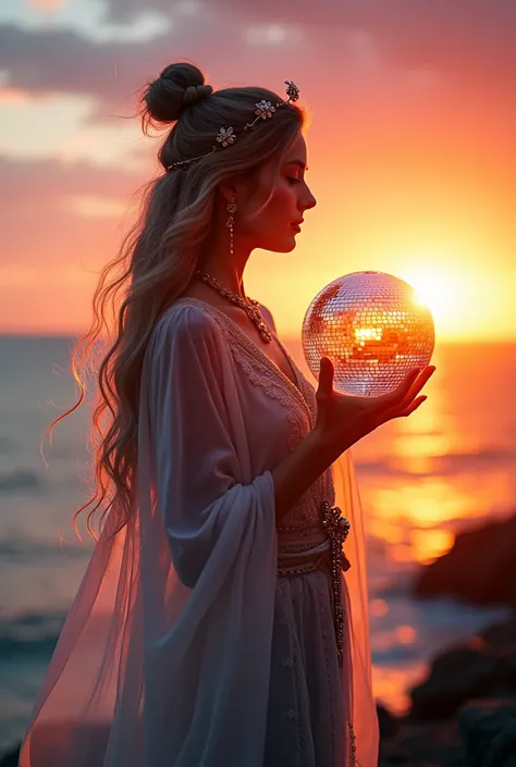 add a big disco ball, high quality, 8K Ultra HD, A beautiful double exposure that combines an goddess silhouette with sunset coast, sunset coast should serve as the underlying backdrop, with its details incorporated into the goddess , crisp lines, The back...