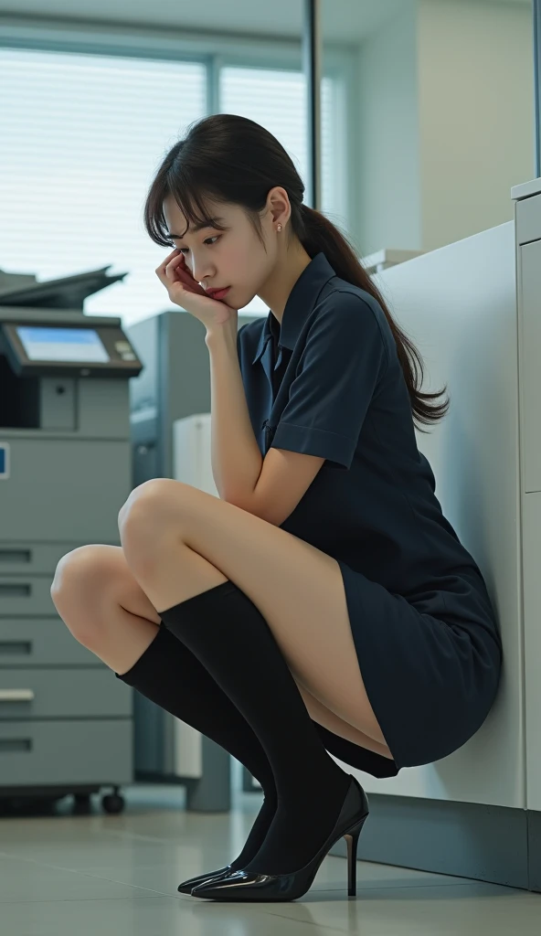 （   photorealistic   ：1.2）、      beautiful mom in her 20s model 39     ;    thick legs、    Female bank employee in uniform         、28-year-old beauty 、  business uniforms  、     There are many female employees crouching in front of a photocopier in an off...