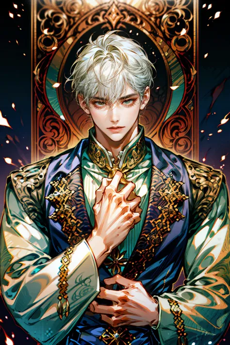 handsome muscular man with short white hair, dressed in elegant paladin attire, historical fantasy, commanding and muscular, very detailed 8k resolution