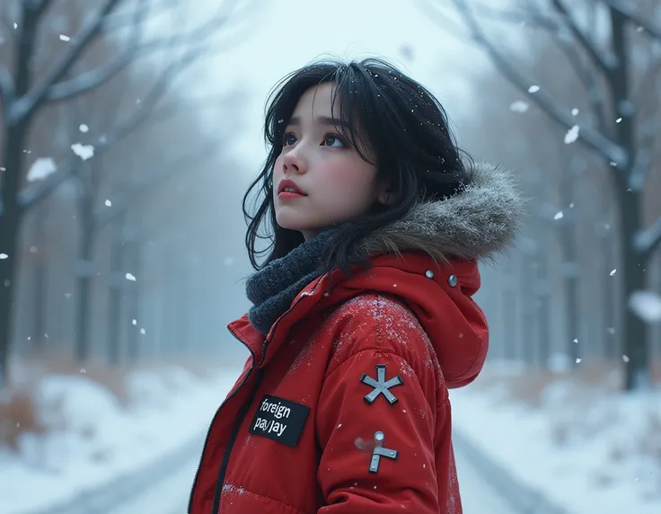 A girl is standing outside, its snowing girl with dark hair, who looks at the sky and the red jacket has the inscription  "Foreign Pay"
