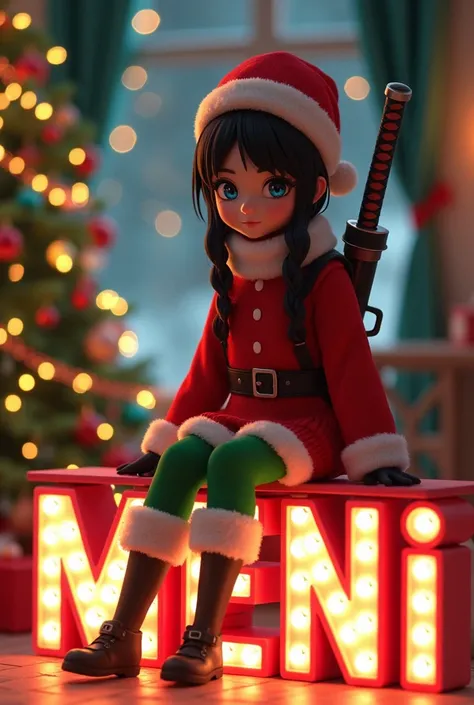  A beautiful Christmas atmosphere full of lights and a Christmas tree inside a house  ,  a very beautiful ninja with a kind look and a smile with black hair and blue eyes,  wearing a red and green Christmas costume and a Christmas hat ,  She wears a katana...