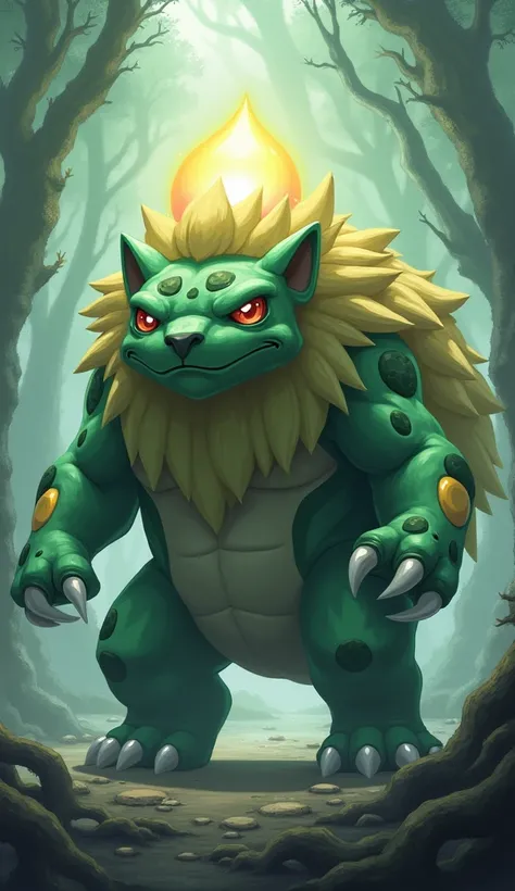 A hybrid fusion between Bulbasaur and monstrous lion 