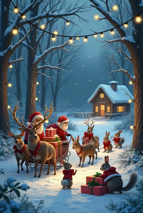 Scene: A team of different animals—reindeer, rabbits, and squirrels—are working together in a snowy forest to help Santa. The reindeer are calmly pulling Santa’s sleigh, while the rabbits and squirrels are scurrying around, packing and wrapping gifts with ...