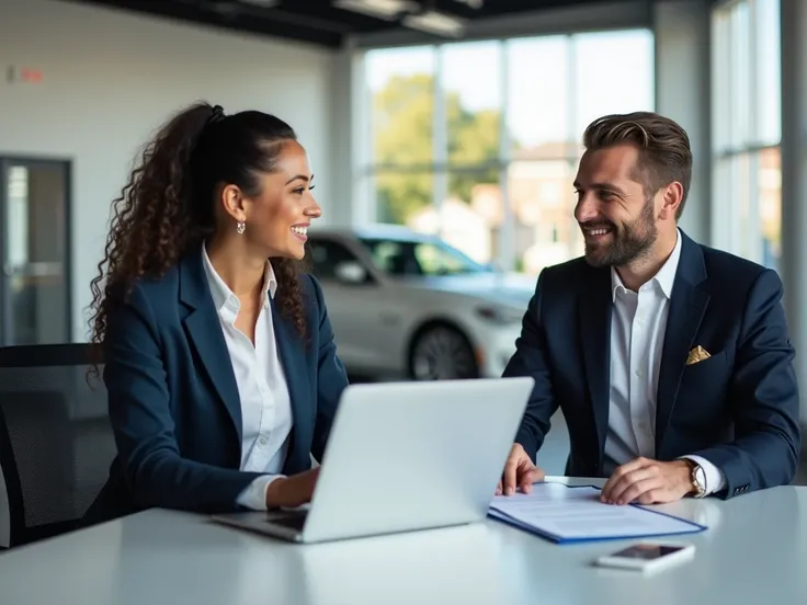 "A professional car dealership representative sitting at a desk with a smiling customer, discussing financing options with a visible laptop and documents."