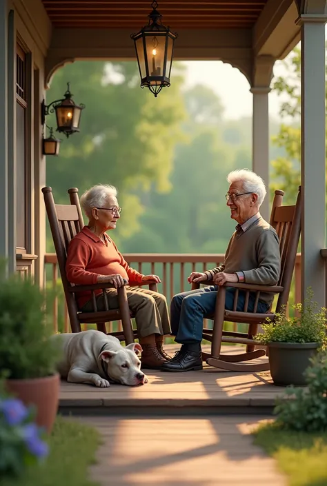 Pitbull lying on the porch  ,  old couple sitting in rocking chairs