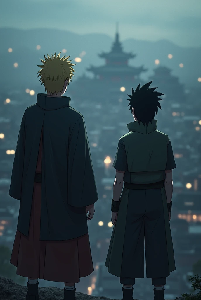 make me a photo of Naruto and Sasuke seen from behind, Naruto and Sasuke are looking at the village of Konohagakure, and Naruto has become Hokage,