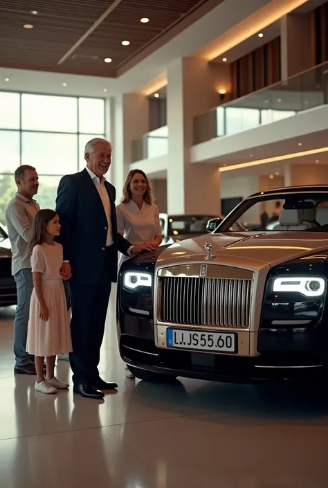 
a man buy a rolls royce in a car showroom in his hand flower buggy  with his familly and he was very excited
