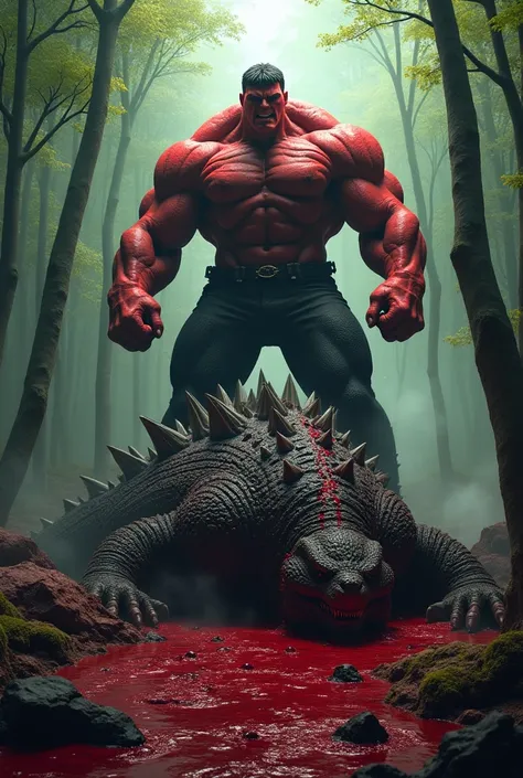 Red hulk standing on dead Godzilla with flowing heavy blood in forest 