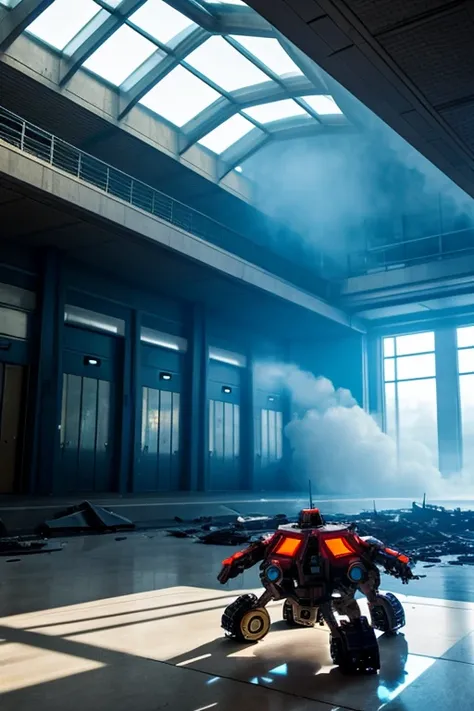 A futuristic building, in a large hallway, with broken battle robots lying on tge floor, smoke rising, parts everywhere, destroyed robot torso in the background