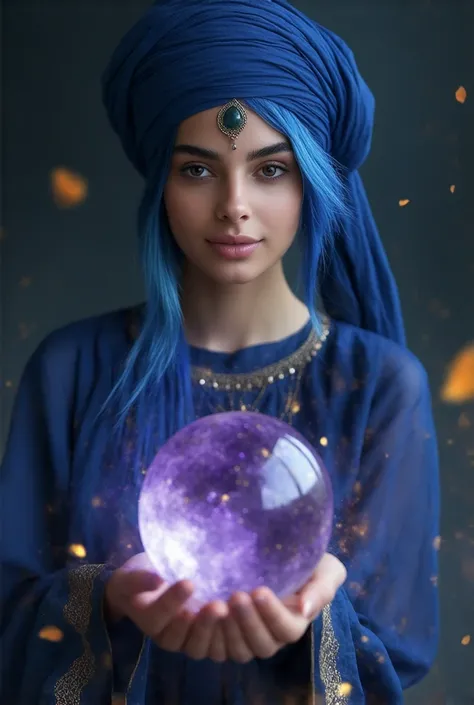  The image shows a portrait of a young woman with blue hair and a turban on her head .  She is wearing a blue dress with gold accents and ornaments .  A woman holding a crystal ball in her hands and looks at it with a peaceful expression on her face.  The ...