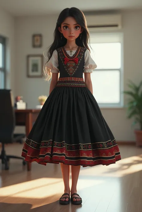 Guatemalan girl wearing an office dress, a large leaning miniskirt, standing facing