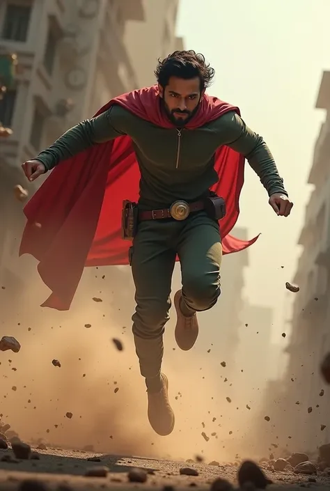 On the right side, Viraj is captured mid-leap in a dynamic action pose. His cape flows dramatically behind him, and the bio capsule is strapped to his belt for safekeeping. Dust and debris rise beneath him, and the urban backdrop subtly blurs to emphasize ...