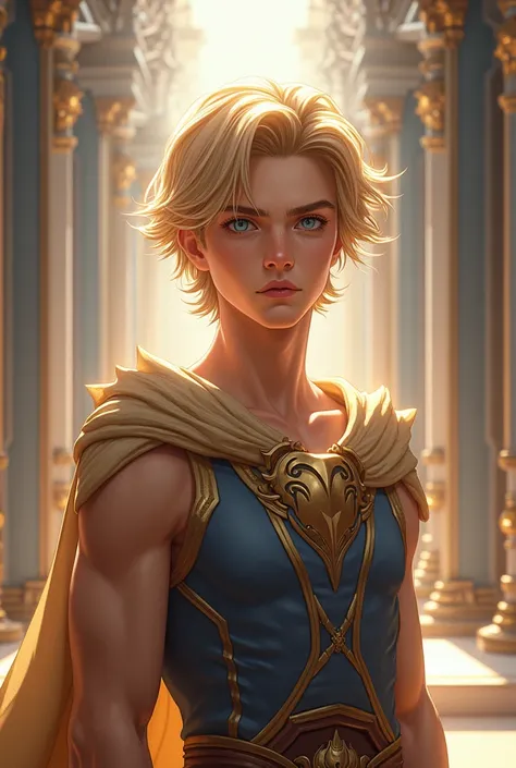 Baldur as a young adolescent male , no beard, no facial hair,  bright blue eyes , medium blond hair , face and features perfect soft lips sculpted,  well defined jaw and cheekbones divine beauty, Divine Aura . Is he in Asgard 
