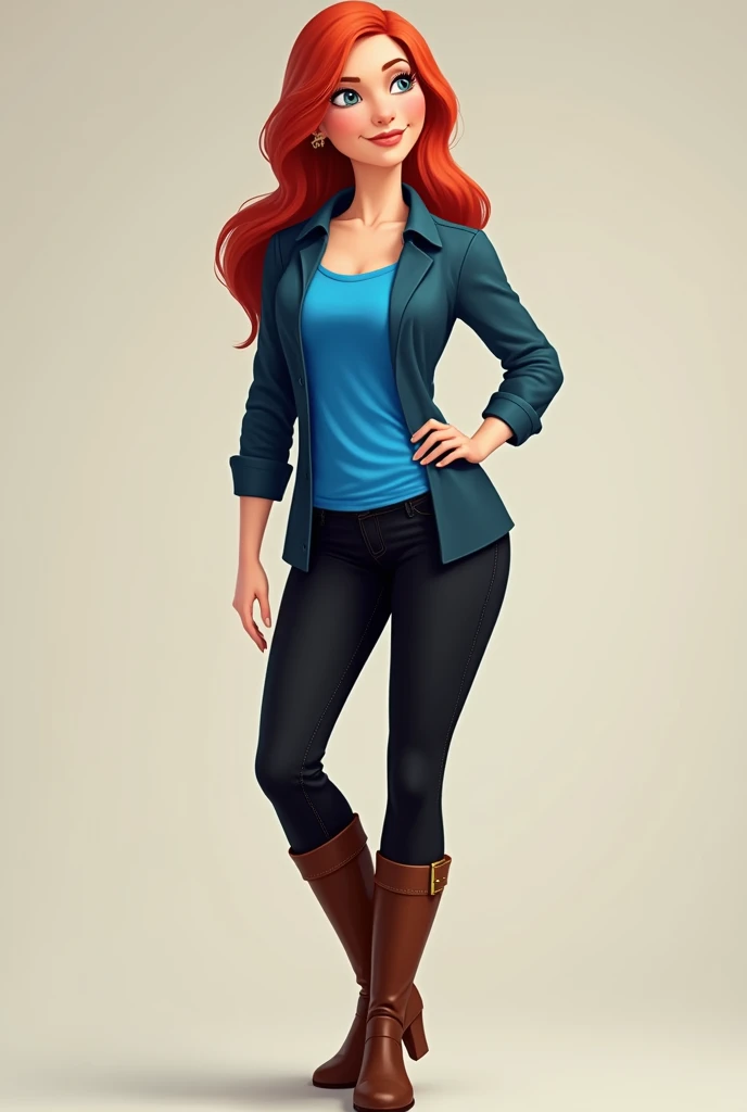 Draw Lois griffin wearing blue top with black skinny jeans and brown knee high boots 